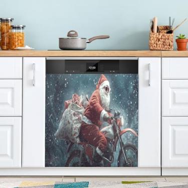 Imagem de ATTX Capa de ímã de lava-louças Papai Noel montando sua motocicleta, 58,4 cm C x 66 cm A decoração da capa da máquina de lavar louça, decalques de armário doméstico eletrodomésticos adesivos #446