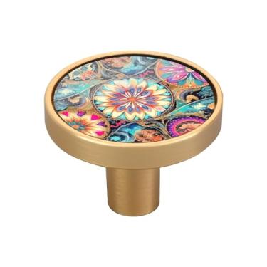 Imagem de Blueangle Pacote com 4 puxadores de armário de azulejos têxteis orientais coloridos 3 cm puxadores redondos de gaveta para cômoda e armários de cozinha (441)