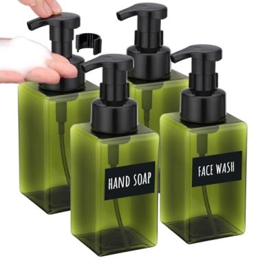 Imagem de Segbeauty Dispensadores de sabão de espuma verde de plástico de 450 ml com etiquetas, 4 frascos quadrados verdes recarregáveis com bomba de espuma para sabonete líquido, recipientes de lavagem facial
