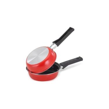Imagem de Frigideira Dupla Hamburgueira e Omeleteira Antiaderente, Alumínio, 14cm, Vermelha, Cabo Baquelite, 0,45L