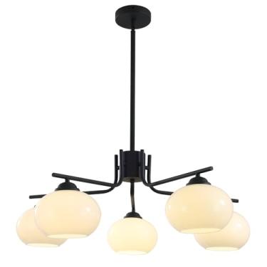 Imagem de Lustre de meados do século XX com 5 lâmpadas, luminária pendente com globo preto e vidro fosco, lustre moderno semi-embutido, lustre grande de estilo industrial para sala de estar.