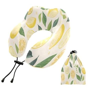 Imagem de CEBUGI Travesseiros de viagem portáteis em forma de U, travesseiro de pescoço de espuma viscoelástica com trava de corda ajustável para avião, viagem, trem, negócios, escritório, soneca (limão)
