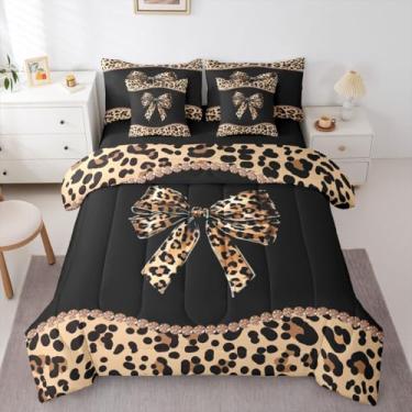 Imagem de Jogo de cama King com laço de guepardo africano, 7 peças, para meninas, mulheres e adultos – Conjunto de edredom com laço de leopardo, marrom, preto, moderno, moderno, para meninas, mulheres, adultos