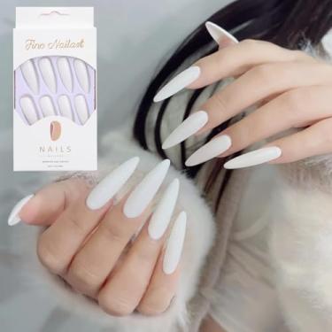 Imagem de 24 unidades/conjunto de unhas postiças artísticas artísticas pretas com cola 3D destacável estileto super longo unhas artificiais inteiras (brancas)