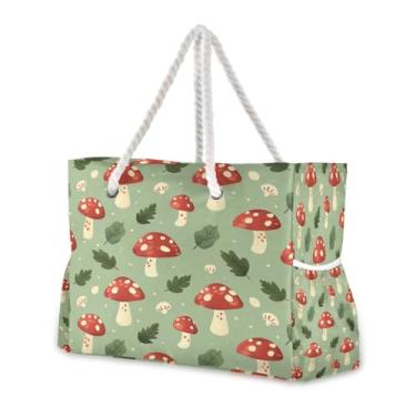 Imagem de Wassud Bolsa de praia grande com cogumelos e folhas, bolsa de praia para mulheres, impermeável, à prova de areia, bolsa de viagem com zíper e bolso para piscina, academia, acampamento