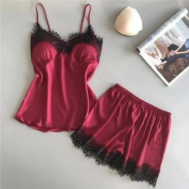 Imagem de Conjunto de Pijama Feminino de Cetim com Decote V, Renda e Laço - Baby