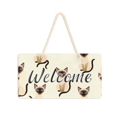 Imagem de Burbuja Placa de boas-vindas de gatos siameses para porta da frente, placa de boas-vindas de PVC para decoração de férias de casa de fazenda, 15 x 28 cm