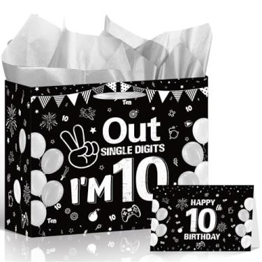 Imagem de Wxiben Bolsa de presente de aniversário de 10 anos - Decorações de 10 anos para meninos e meninas, preto prateado com um dígito, saco de embrulho de presente com alças para cartão de felicitações de