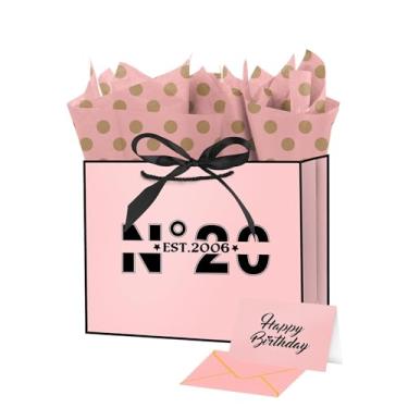 Imagem de Ranfashiong Grande bolsa de presente de aniversário de 20 anos rosa de 33 cm com fita de papel de seda e cartão, para mulheres e meninas, presente de festa de aniversário (EST.2006 2006)