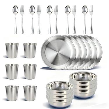 Imagem de O conjunto de louça de aço inoxidável inclui pratos, tigelas, copos, garfos, colheres, utensílios de metal reutilizáveis, utensílios de jantar para casa, ao ar livre, piquenique, cozinha (30 peças)