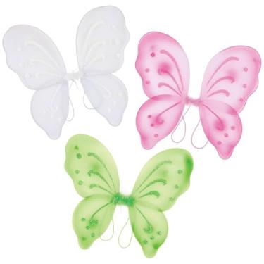 Imagem de Beistle Conjunto de fantasia Fairy Wings – Asas pequenas de nylon branco, verde claro e rosa com braçadeiras elásticas, acessórios para aniversários, brincadeiras de fantasia, Halloween, festivais e