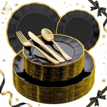 Imagem de Pratos de plástico preto EI, 150 peças, prato preto e dourado, talheres de plástico dourado, conjunto de louça preta e dourada, talheres resistentes premium, perfeito para Halloween, festa, casamento