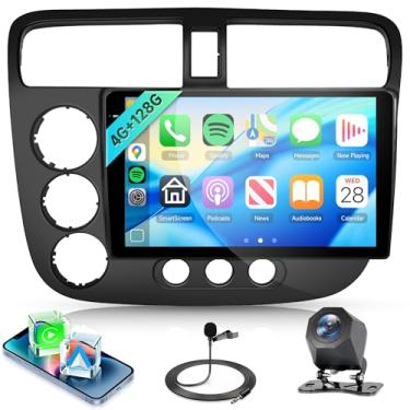 Imagem de Rádio estéreo automotivo 4 núcleos 4G + 128G Android 15 para Honda Civic 2001 2002 2003 2004 2005, Carplay sem fio, Android Auto, GPS 5G-WiFi, tela sensível ao toque embutida de 9 polegadas, câmera de