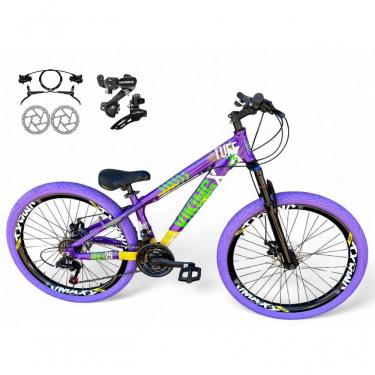 Imagem de Bicicleta Aro 26 Vikingx Tuff Câmbios Shimano Freio Hidráulico 21v Freeride Aro Vmaxx Flame Roxo-amarelo-Verde X25