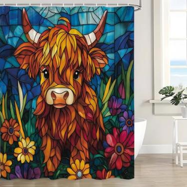 Imagem de CWHCWA Cortina de chuveiro Highland Cow, vitral, colorido, floral, rústico, campo, fazenda, touro, oeste, animal, abstrata, flor, moderna, decoração de banho, cortina com ganchos