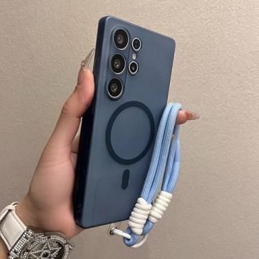Imagem de Capa com alça de pulso fosca para Samsung Galaxy S25 S24 Ultra S22 S23 Plus, cordão rígido de PC magnético à prova de choque, capa fina, azul escuro, para Samsung S23 Plus