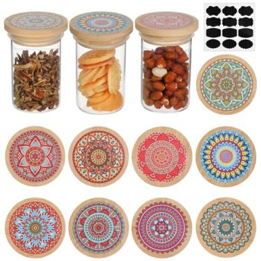 Imagem de 9 tampas de jarra de bambu para iogurte, tampas de madeira de bambu reutilizáveis, com padrões de mandala, anéis de vedação de silicone e 12 etiquetas para iogurte, café, doces, biscoitos, especiarias