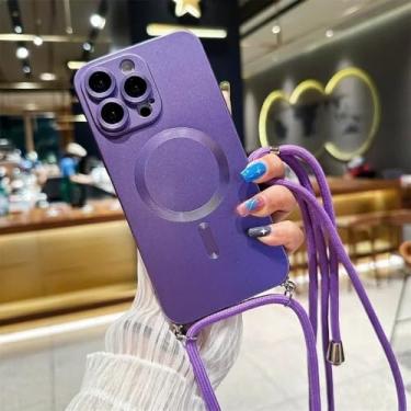 Imagem de Capa magnética com alça transversal para iPhone 16, 15, 14, 13, 11, 12 Pro Max Plus XS X XR, capa traseira macia de silicone, roxa, para iPhone 13 Pro Max