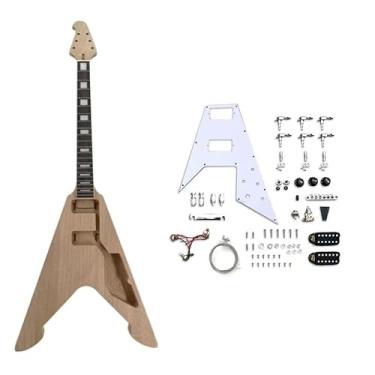 Imagem de YoungMonic Kit de guitarra elétrica com acessórios, captadores HH de corpo de mogno sólido com pickguard, 22 trastes escala de jacarandá de 62,88 cm com encadernação e bloco embutido no calcanhar para