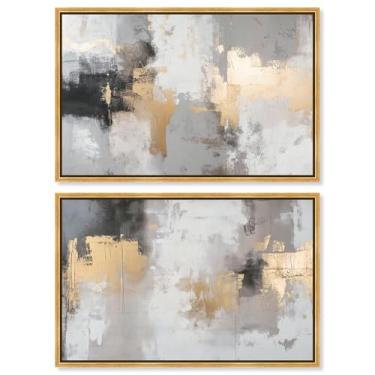 Imagem de Conjunto de 2 arte de parede para sala de estar com impressão abstrata harmonia de luxo neutro por Art Remedy, moldura dourada, 38 x 25 cm