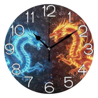 Imagem de GAIGEO Relógio de parede decorativo analógico redondo sem tique-taque silencioso relógio de sala de aula, sala de estar, decoração de parede moderna, dragões de desenho animado azul vermelho, 25 cm