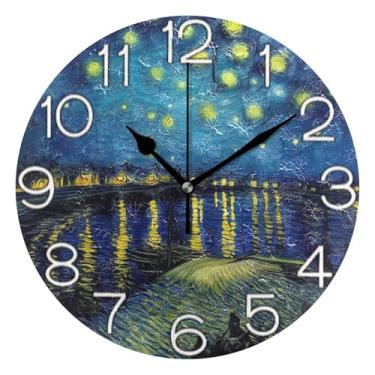 Imagem de GAIGEO Relógio de parede analógico decorativo quarto cozinha relógio estético silencioso sem tique-taque, decoração de parede de casa de fazenda moderna, estrela azul estrelada, 25 cm, ponteiros