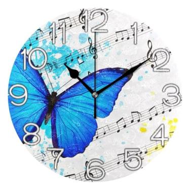 Imagem de GAIGEO Art Blue Butterfly Branco Amarelo Decorativo Analógico Relógio de Parede Cozinha Bonito Operado a Pilha, Arte de Parede Boho Decoração de Casa, 25 cm, Ponteiros Dourados