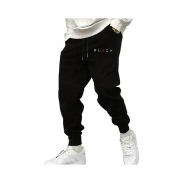 Imagem de Calças De Moletom Masculinas Pretas Com Bolsos, Cintura Elástica, Esta