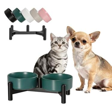Imagem de Conjunto de tigelas elevadas de cerâmica para cães - Pratos duplos elevados com suporte de aço inoxidável - Tigelas de comida e água para cães pequenos e gatos internos - cada uma comporta 1,6 xícaras