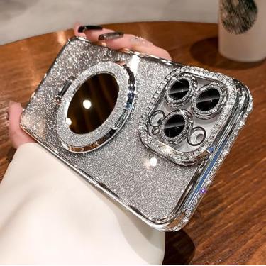 Imagem de Capa compatível com iPhone 16 Pro Max com suporte para mulheres, (capa transparente ou 2 em 1), suporte de anel brilhante fofo, protetor de câmera de strass, [compatível com Magsafe], prata