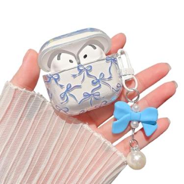Imagem de MINSCOSE Capa transparente para AirPods 4, design bonito com laço Pettern com lindo chaveiro de pérola, capa protetora de TPU macio à prova de choque para meninas e mulheres para AirPods 4 - azul