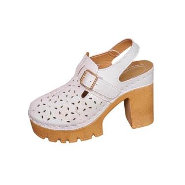 Imagem de Sandálias femininas primavera verão bico fechado salto alto PU plataforma casual confortável, Branco, 38