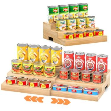 Imagem de Organizador expansível para despensa, suporte de lata de madeira de 3 camadas, organizador de alimentos enlatados de refrigerante para armário Kicthen, organizadores de despensa e armazenamento
