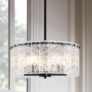 Imagem de KELUOLY Lustres redondos pretos de cristal, luminária de vidro ondulado de 45 cm, luminária pendente de tambor moderno de 5 luzes para pendurar no teto para cozinha, ilha, sala de jantar, quarto
