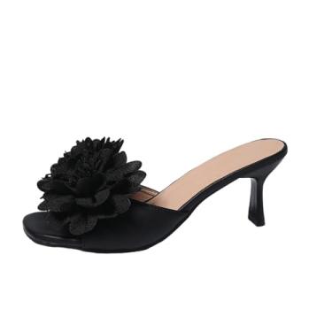 Imagem de Sandália feminina bico quadrado boca de peixe salto alto detalhes florais verão outono casual moda versátil, Preto, 38
