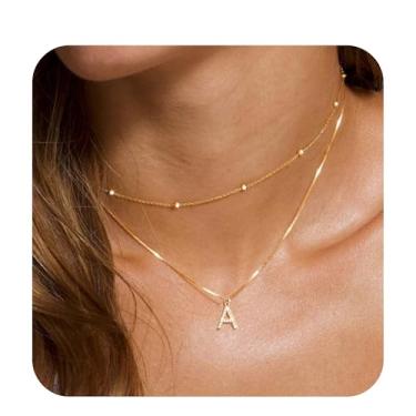 Imagem de Colares femininos banhados a ouro 14K delicados em camadas com letra CZ A-Z, corrente ajustável com miçangas, colar gargantilha, presente de aniversário personalizado para ela, joias modernas