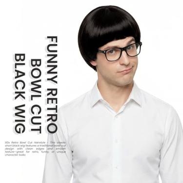 Imagem de Peruca clássica preta curta reta com franja para homens estilo anos 60 cosplay peruca para festa de Halloween