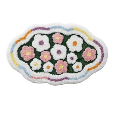 Imagem de Befocus Tapete de banheiro de flores, tapete de banho floral de formato irregular, tapete absorvente ultra espesso de primavera colorido, tapete de chuveiro lavável na máquina, adequado para banheiro
