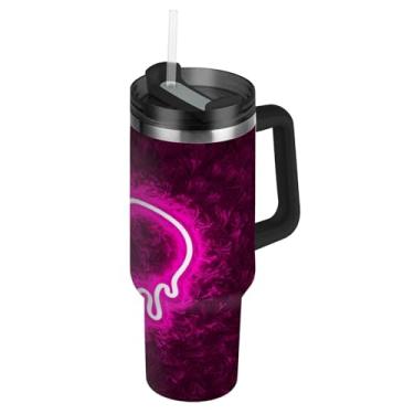 Imagem de ATTX Copo de coração gotejante de 1,134 g com alça, copo de aço inoxidável a vácuo de parede dupla com palha, caneca de café de viagem isolada #410