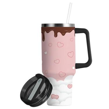 Imagem de ATTX Copo de coração creme de 850 g com alça, copo de aço inoxidável a vácuo de parede dupla com palha, caneca de café de viagem isolada #405