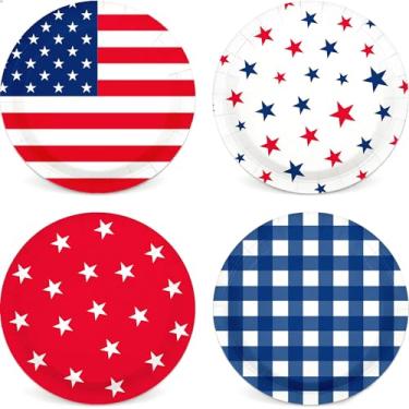Imagem de AnyDesign 40 peças de pratos de papel patrióticos 4 de julho, pratos descartáveis, 23 cm, vermelho, azul, bandeira americana, xadrez, estrela de festa, utensílios de mesa para o dia da independência