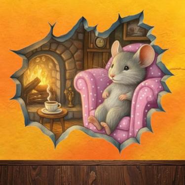 Imagem de Decalque de parede de mouse aconchegante, adesivo decorativo de cena de lareira 3D, decoração de casa de vinil (lareira de casa)
