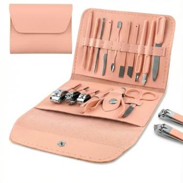 Imagem de Conjunto profissional de manicure e pedicure – Ferramentas de cuidado de unhas de aço inoxidável com estojo de viagem de couro de luxo (16 peças, rosa)