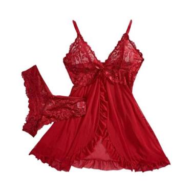 Imagem de Camisola Babydoll Feminina Sexy Com Decote Em V, Renda, Tule, Babados 