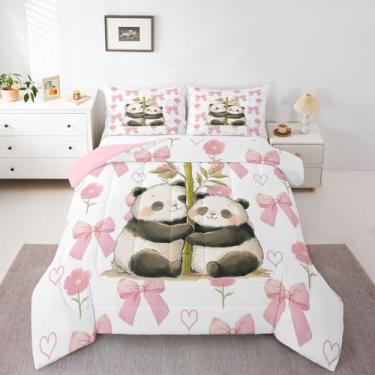 Imagem de Erosebridal Jogo de cama solteiro com laço rosa, animais fofos, panda e crianças, para decoração de quarto de adolescentes, meninas, mulheres, decoração de quarto, estética, com laço, floral, edredom