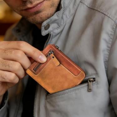 Imagem de Carteira masculina de couro curta feita à mão com fecho de zíper, vários compartimentos para cartões, bolso para moedas, bloqueio de RFID, carteira dupla compacta para uso diário e presente, Caqui