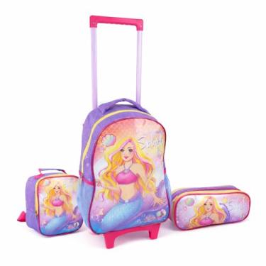 Imagem de Mochila Infantil com Rodinhas Sereia Kit 3 Peças – Mochila Escolar + Lancheira Térmica + Estojo | Leve, Espaçosa e Ideal para Escola e Viagens