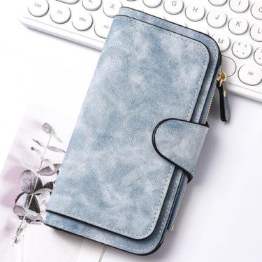 Imagem de Carteira feminina longa, carteira clutch com compartimento para vários cartões para telefone e itens essenciais diários, Azul, Tendência