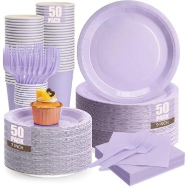 Imagem de Pratos de papel lavanda suprimentos de festa, inclui prato de papel descartável de 23 cm, conjunto de pratos de sobremesa e copos e guardanapos para aniversário, chá de bebê, piqueniques, decorações