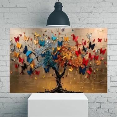 Imagem de Arte de parede em tela rústica vintage com árvore de borboleta - Pôster sem moldura de 30 x 45 cm - Ideia de presente para decoração de casa e escritório para sala de estar, quarto, cozinha e café